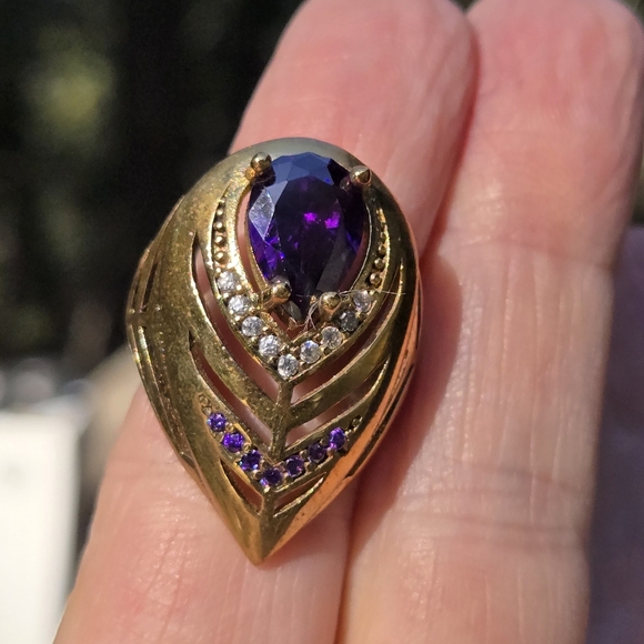 Amethyst & Topaz Sterling Gold & Bronze Feather Cocktail ring 7.75 - Picture 3 of 9